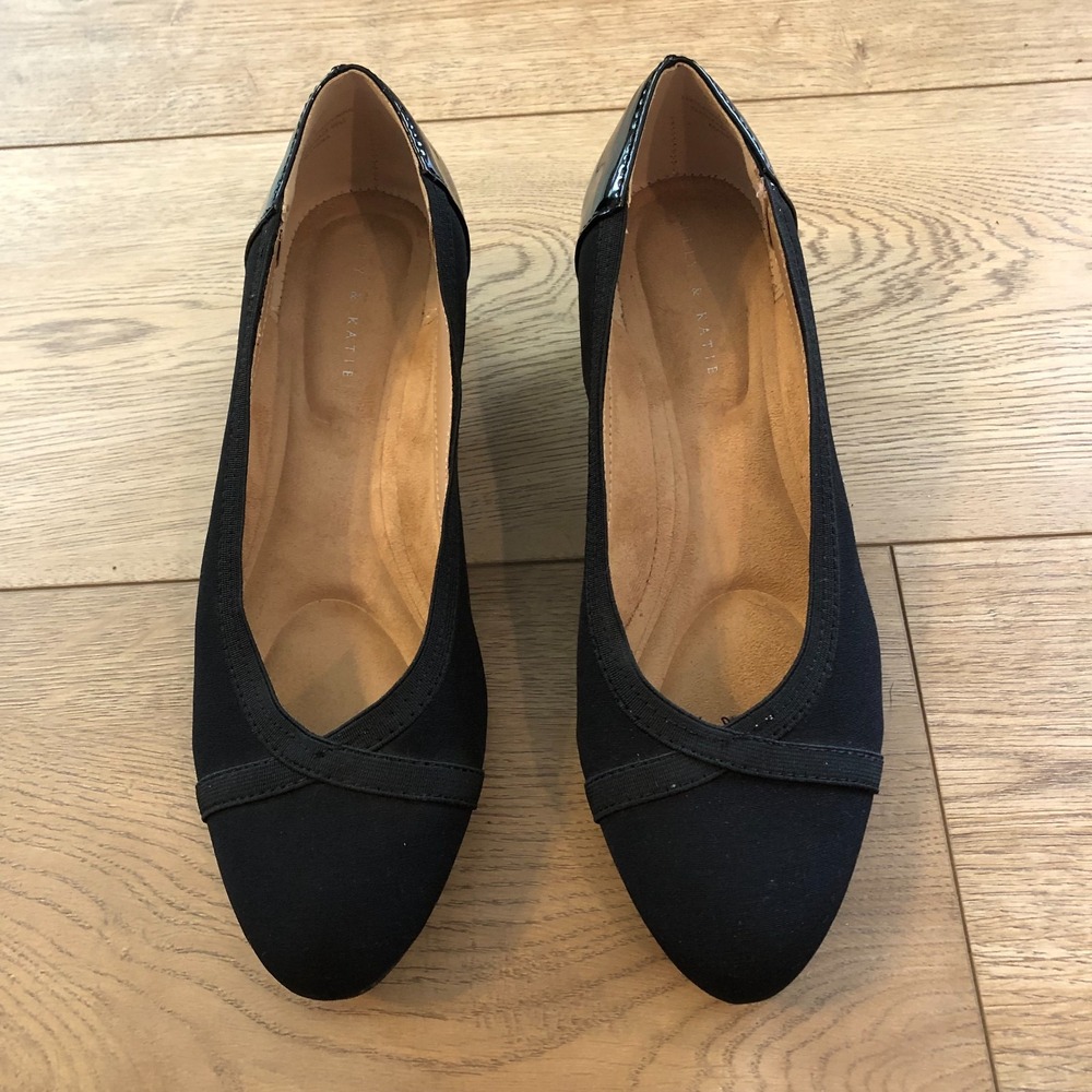 Kelly & Katie Sabeni Wedge Heel Dress Shoes Womens 7M Black Twill Patent Trim - Picture 2 of 7